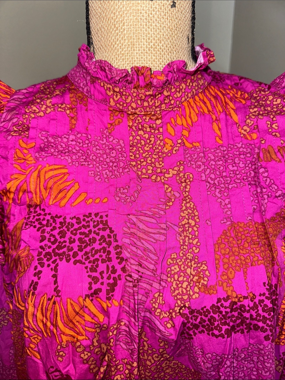Sugarlips Hot Pink and Orange Animal-Print Ruffle-Shoulder Midi Dress size small - Picture 2 of 12